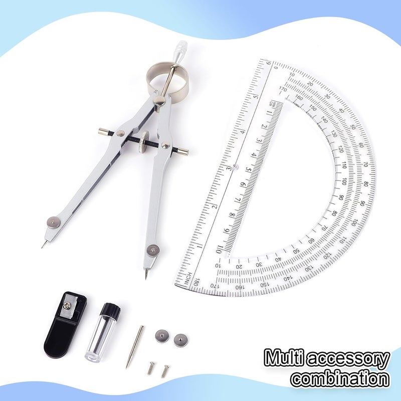 Unjoo Compass and Protractor Set, Professional Drawing Compass Tool, Metal Compass with Extra Refills, Compass for Geometry and 6 Inch Math Protractors 180 Degree (Silver) - Image 3